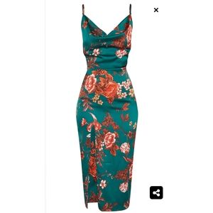 Emerald Green Floral High Slit Dress